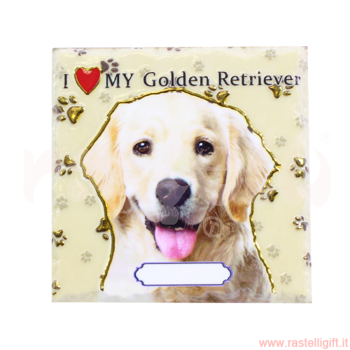 RESINA MAGNETE MATTONELLA CAGNOLINO 3D I LOVE MY GOLDEN RETRIEVER CON DETTAGLI IN ORO 