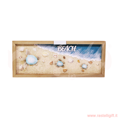 LEGNO MARE QUADRETTO ORIZZONTALE VEDUTA SPIAGGIA IN LEGNO MARINO WASHED LIGHT BLUE CON SABBIA, TARTARUGHE E CONCHIGLIE