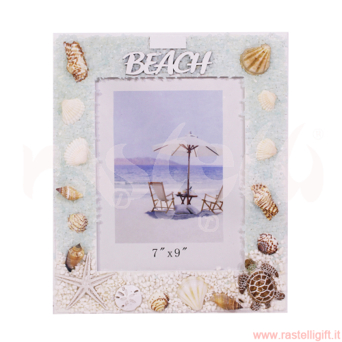 LEGNO MARE PORTAFOTO 7"X9" CON SASSOLINI VETRINI E TARTARUGA CON SCRITTA BEACH
