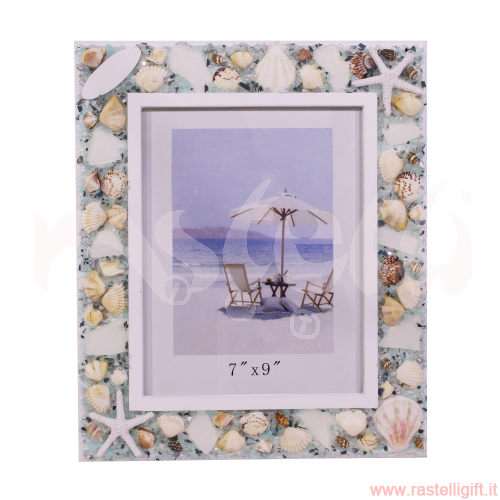 LEGNO MARE PORTAFOTO 7"X9" VETRINI E CONCHIGLIE BORDO BIANCO